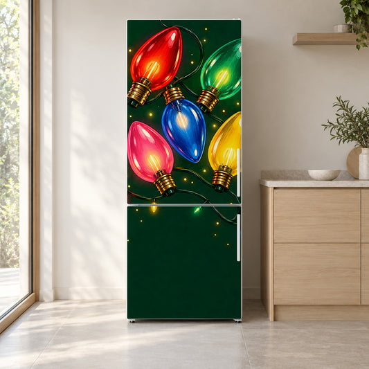 Vintage Christmas Bulb Lights fridge wrap on a white refrigerator in a bright kitchen