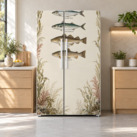 Vintage Fish Chart fridge wrap on a side-by-side refrigerator
