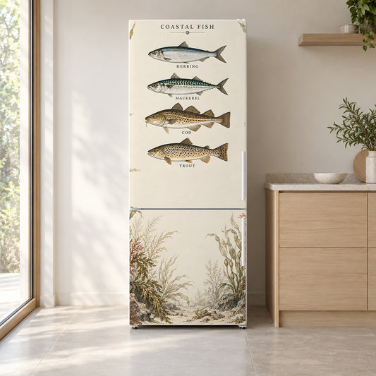Vintage Fish Chart fridge wrap on a white refrigerator in a bright kitchen