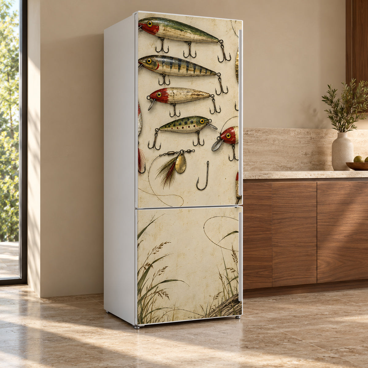 Vintage Fishing Lures fridge wrap, refrigerator shown at an angle