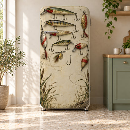 Vintage Fishing Lures fridge wrap on a retro refrigerator