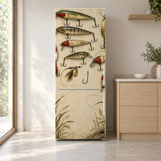 Vintage Fishing Lures fridge wrap on a white refrigerator in a bright kitchen