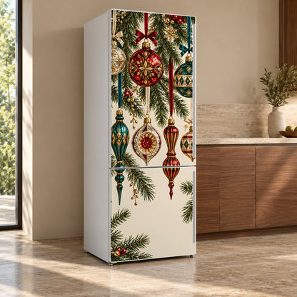 Vintage Glass Ornaments fridge wrap, refrigerator shown at an angle