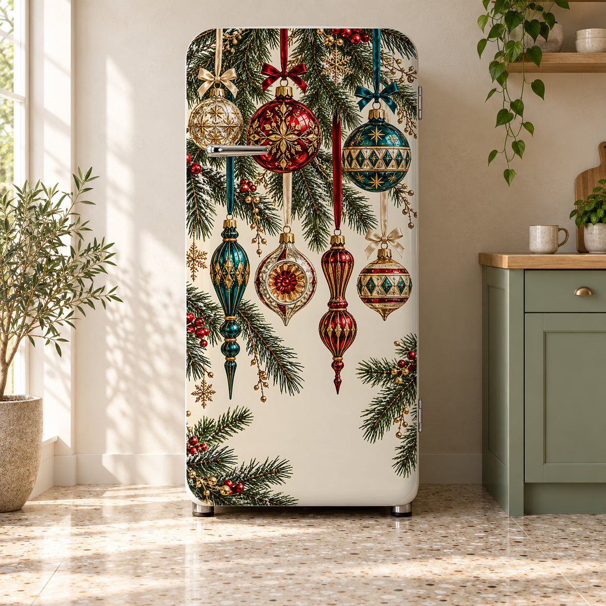 Vintage Glass Ornaments fridge wrap on a retro refrigerator