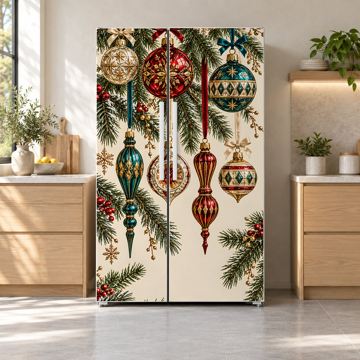 Vintage Glass Ornaments fridge wrap on a side-by-side refrigerator
