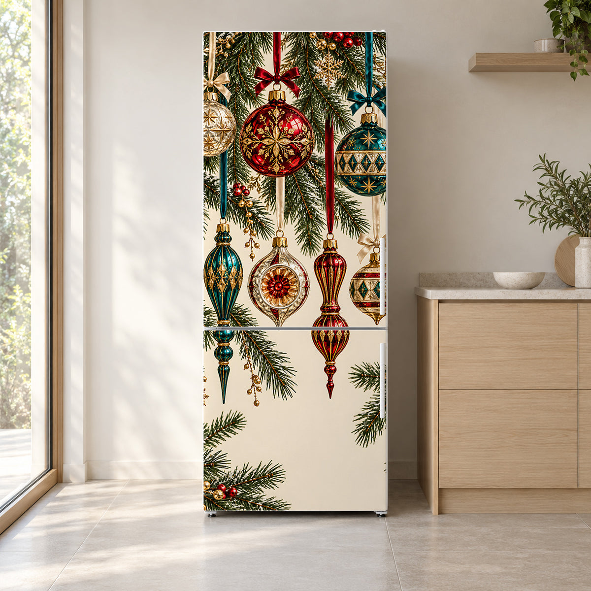 Vintage Glass Ornaments fridge wrap on a white refrigerator in a bright kitchen