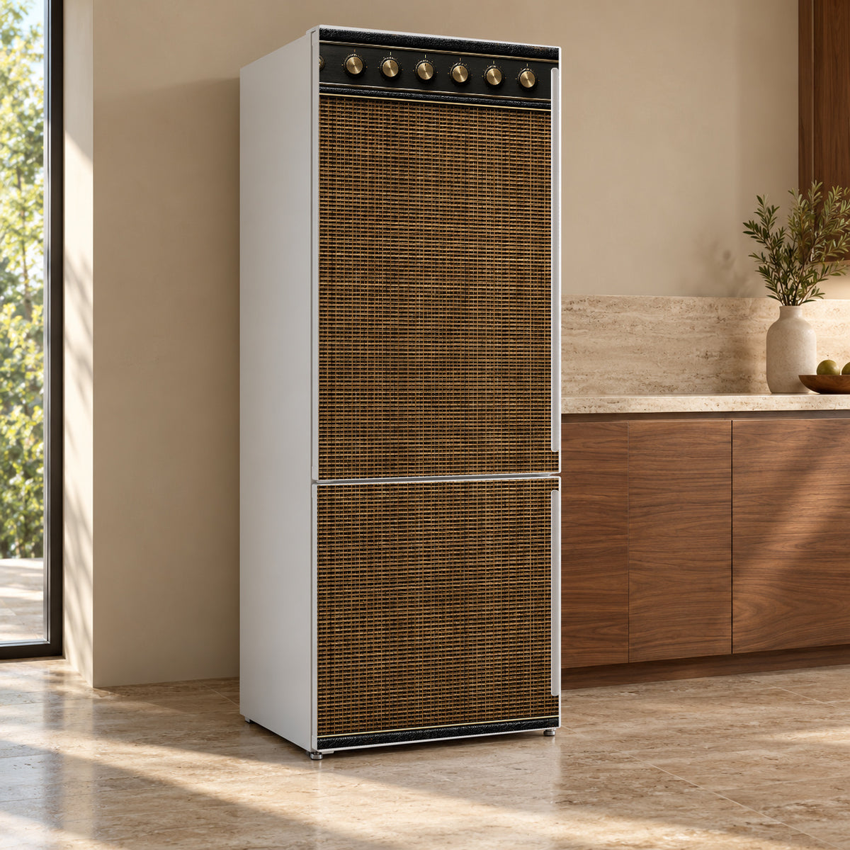 Vintage Guitar Amp fridge wrap, refrigerator shown at an angle