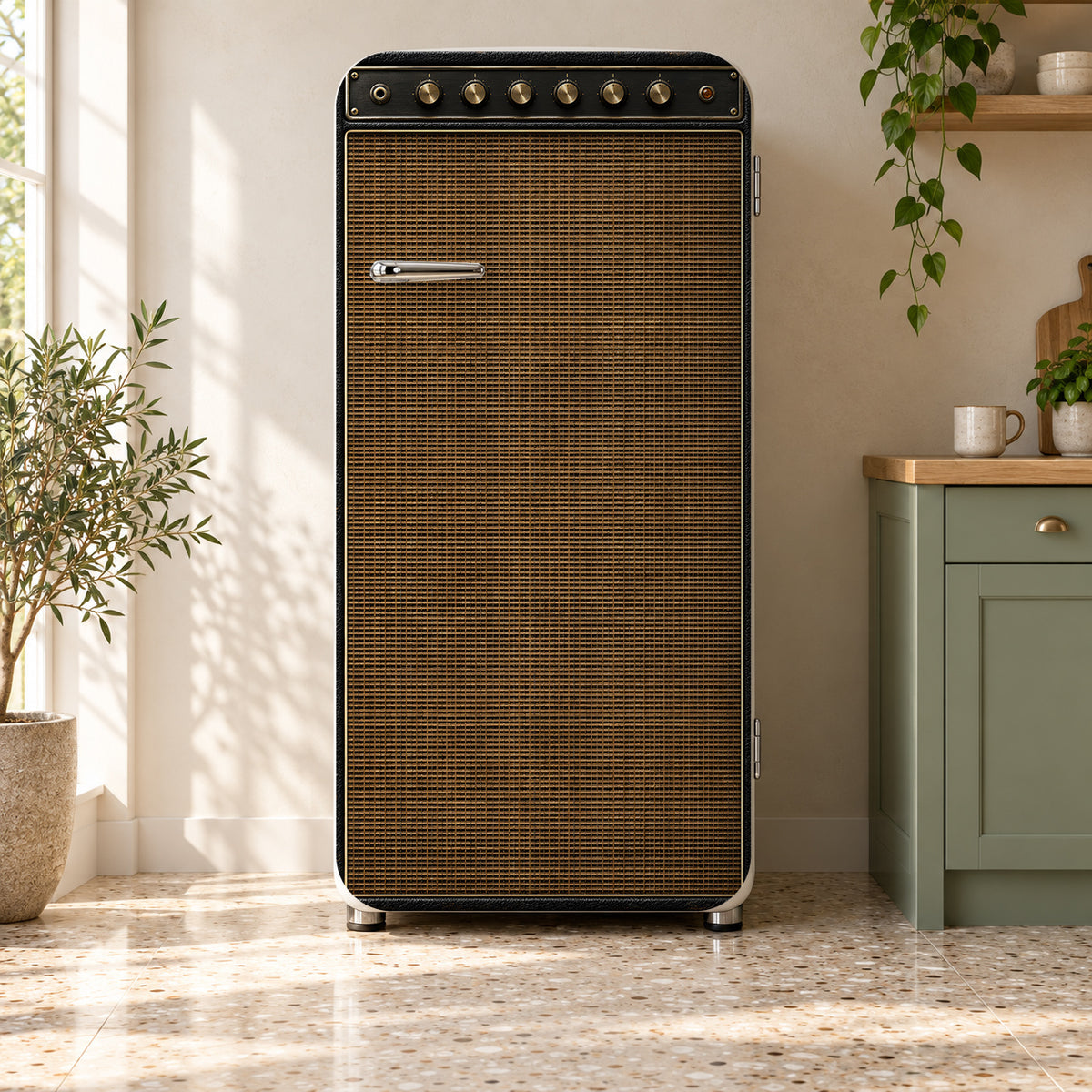 Vintage Guitar Amp fridge wrap on a retro refrigerator