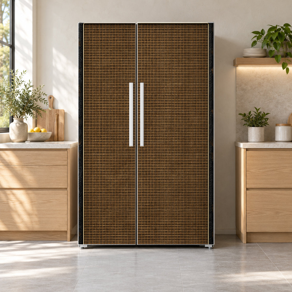 Vintage Guitar Amp fridge wrap on a side-by-side refrigerator