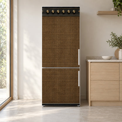 Vintage Guitar Amp fridge wrap on a white refrigerator in a bright kitchen