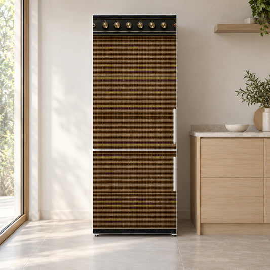 Vintage Guitar Amp fridge wrap on a white refrigerator in a bright kitchen