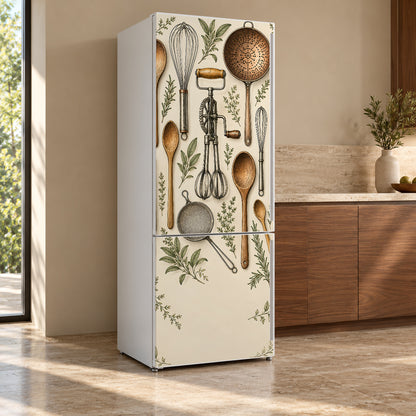 Vintage Kitchen Utensils fridge wrap, refrigerator shown at an angle