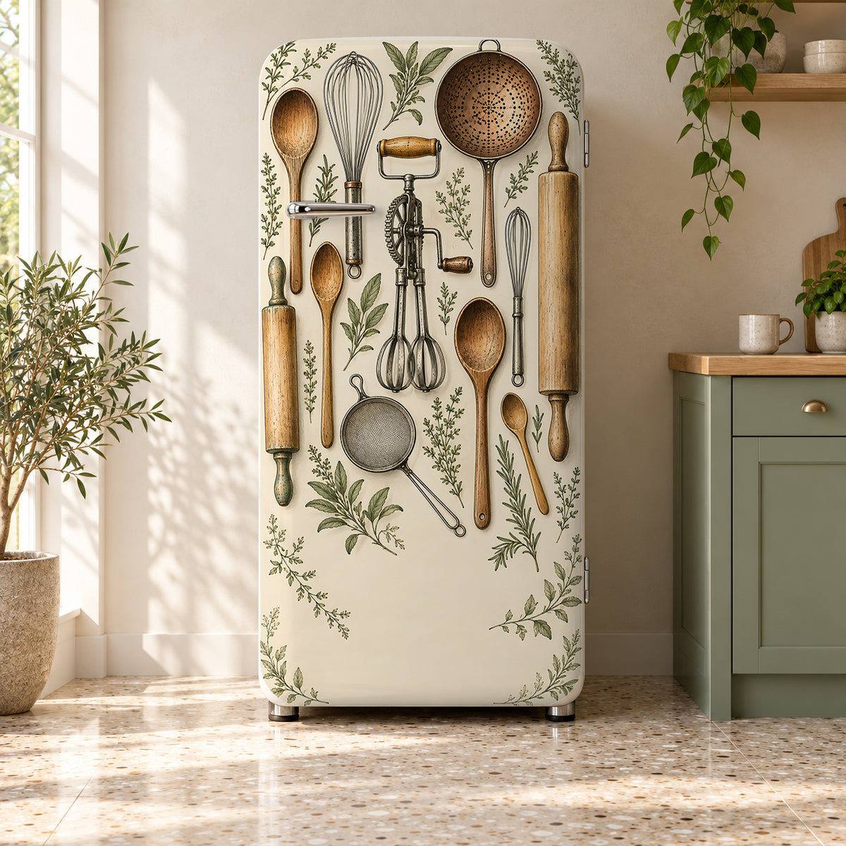 Vintage Kitchen Utensils fridge wrap on a retro refrigerator