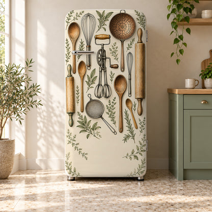 Vintage Kitchen Utensils fridge wrap on a retro refrigerator