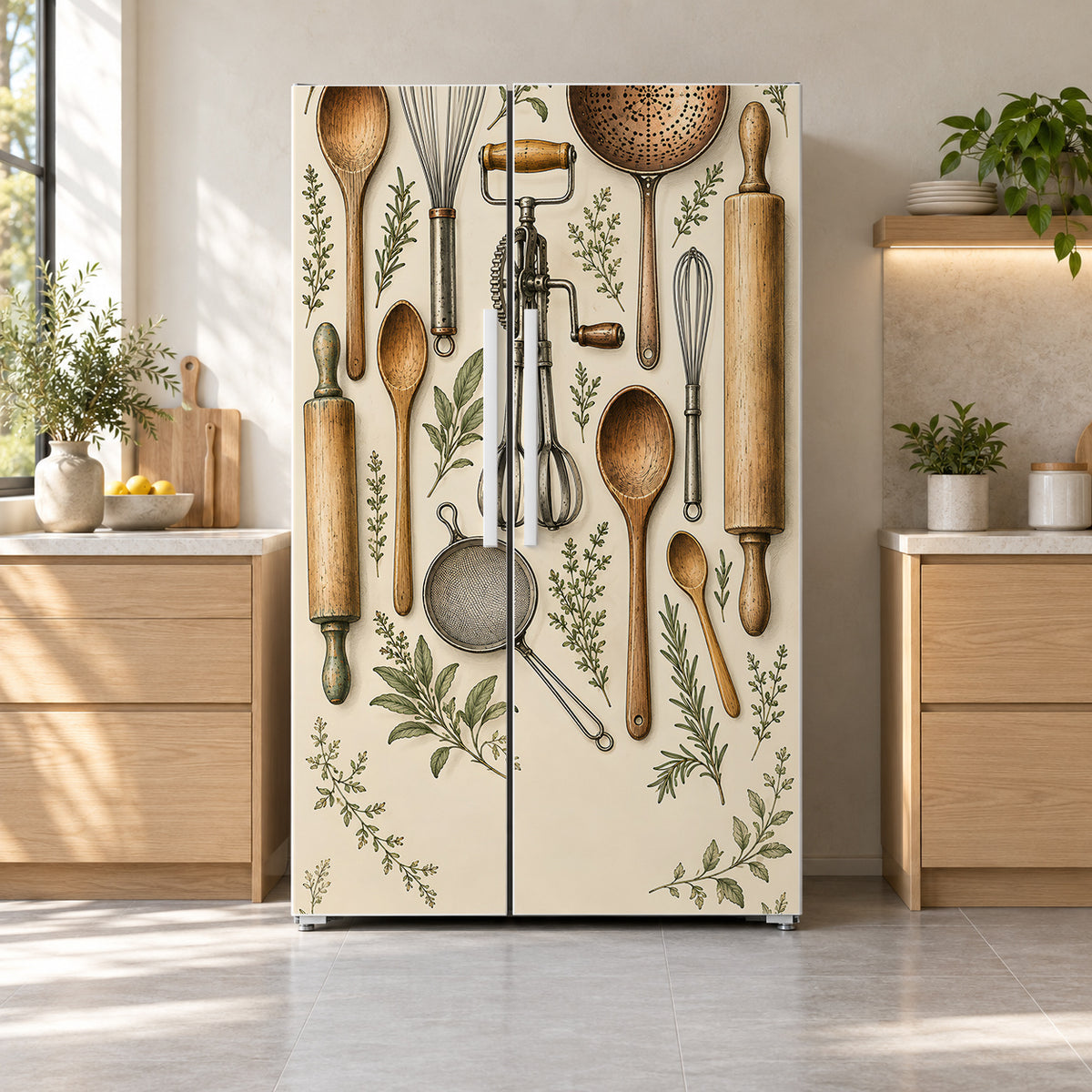 Vintage Kitchen Utensils fridge wrap on a side-by-side refrigerator