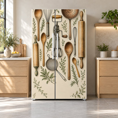 Vintage Kitchen Utensils fridge wrap on a side-by-side refrigerator