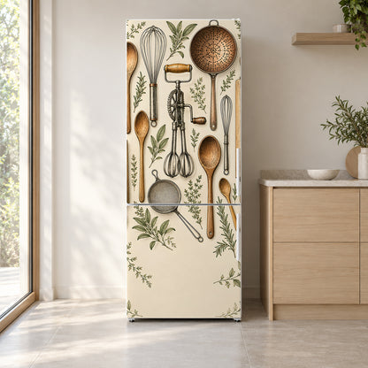 Vintage Kitchen Utensils fridge wrap on a white refrigerator in a bright kitchen