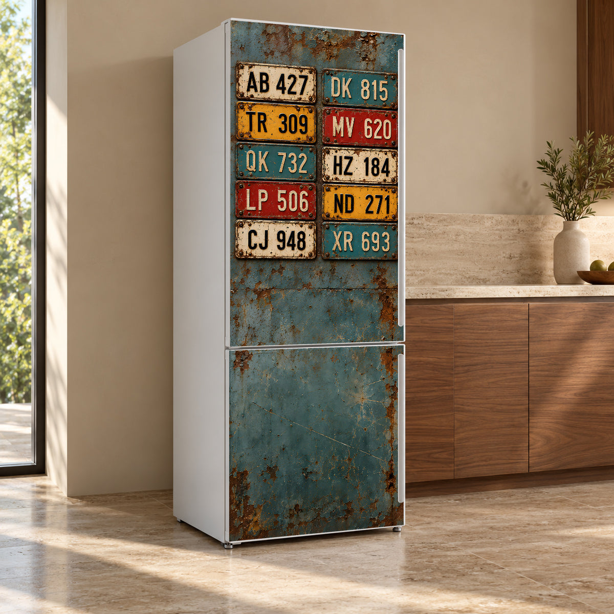 Vintage License Plates fridge wrap, refrigerator shown at an angle