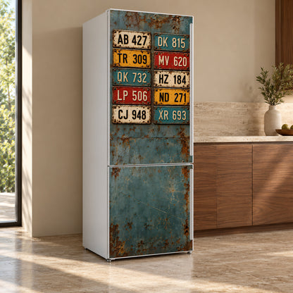 Vintage License Plates fridge wrap, refrigerator shown at an angle