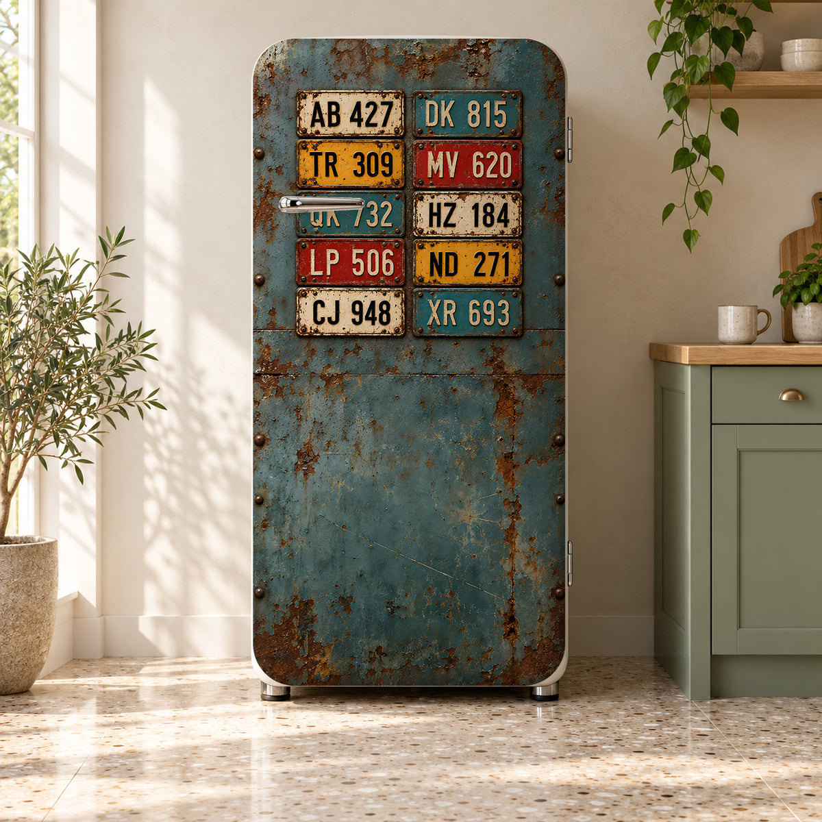Vintage License Plates fridge wrap on a retro refrigerator
