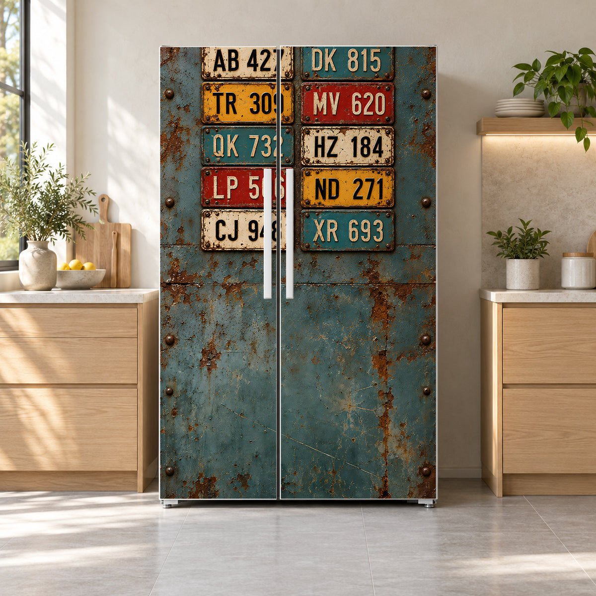 Vintage License Plates fridge wrap on a side-by-side refrigerator