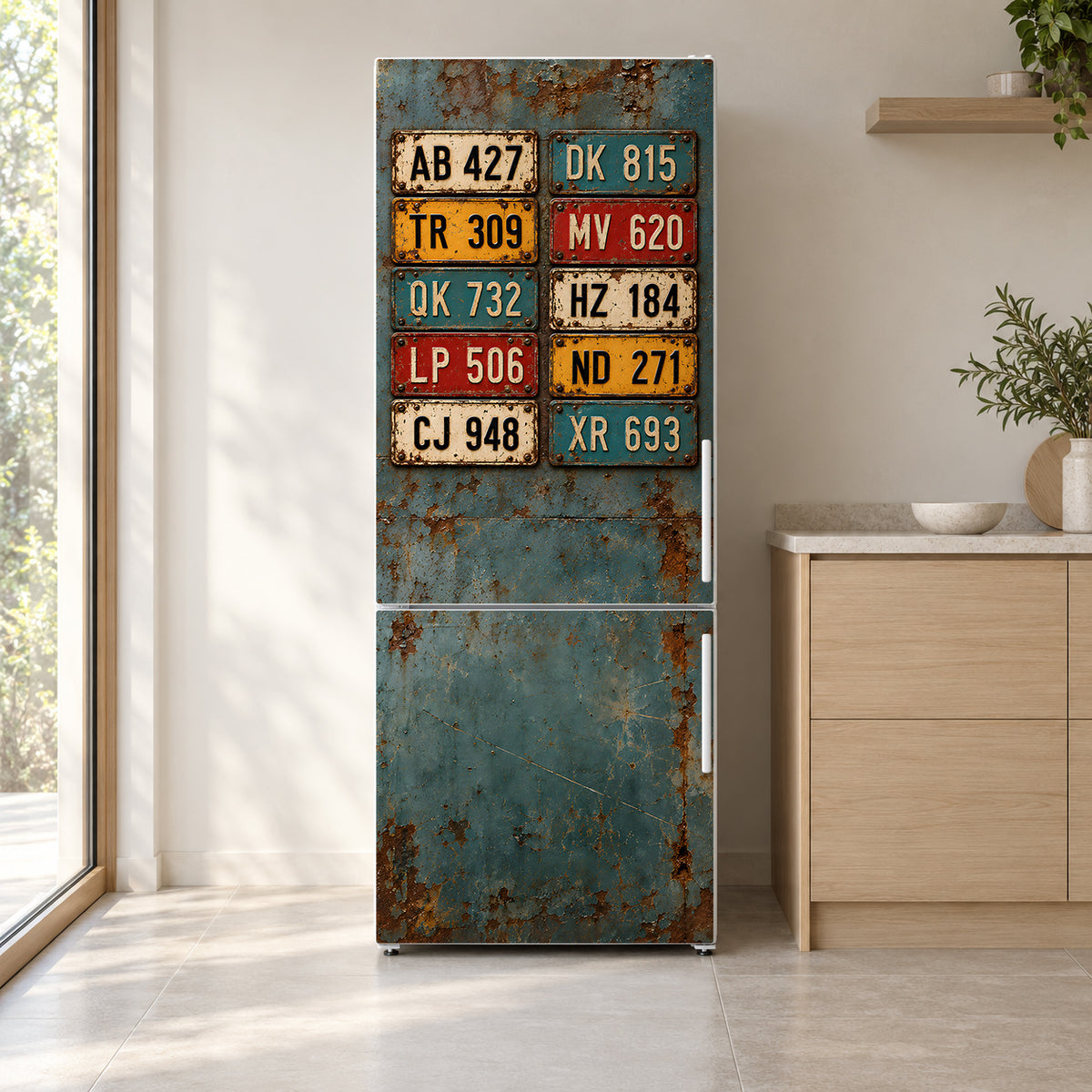 Vintage License Plates fridge wrap on a white refrigerator in a bright kitchen
