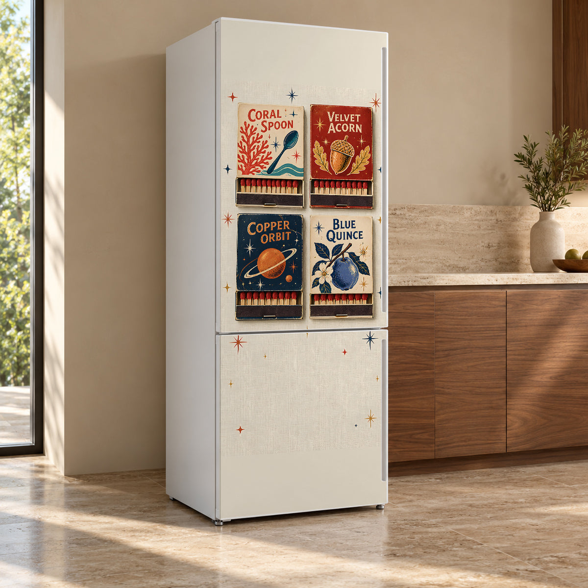 Vintage Matchbooks fridge wrap, refrigerator shown at an angle
