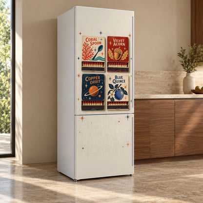 Vintage Matchbooks fridge wrap, refrigerator shown at an angle