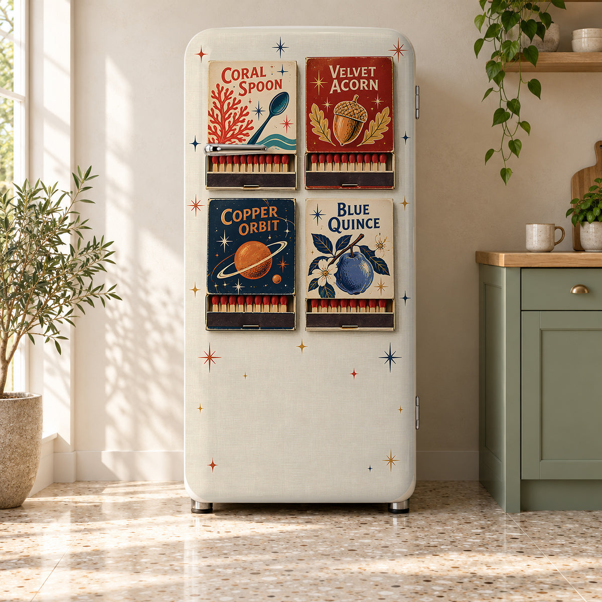 Vintage Matchbooks fridge wrap on a retro refrigerator