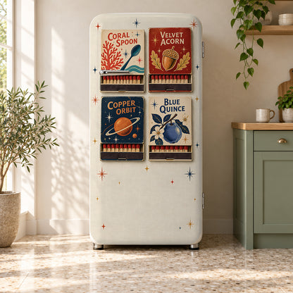Vintage Matchbooks fridge wrap on a retro refrigerator