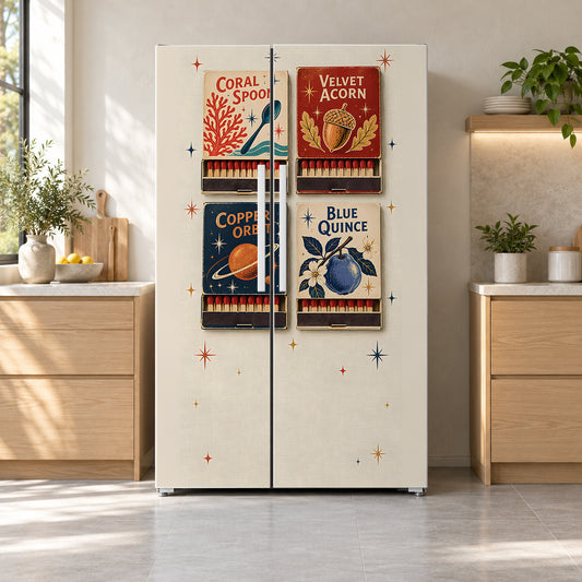 Vintage Matchbooks fridge wrap on a side-by-side refrigerator