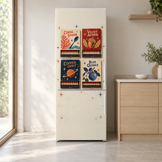 Vintage Matchbooks fridge wrap on a white refrigerator in a bright kitchen
