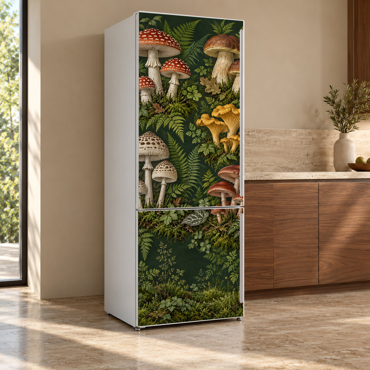 Vintage Mushrooms fridge wrap, refrigerator shown at an angle