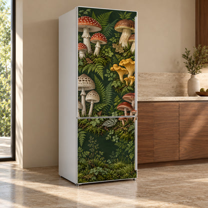 Vintage Mushrooms fridge wrap, refrigerator shown at an angle