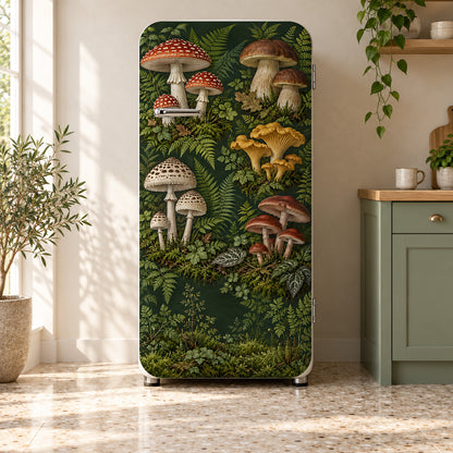 Vintage Mushrooms fridge wrap on a retro refrigerator