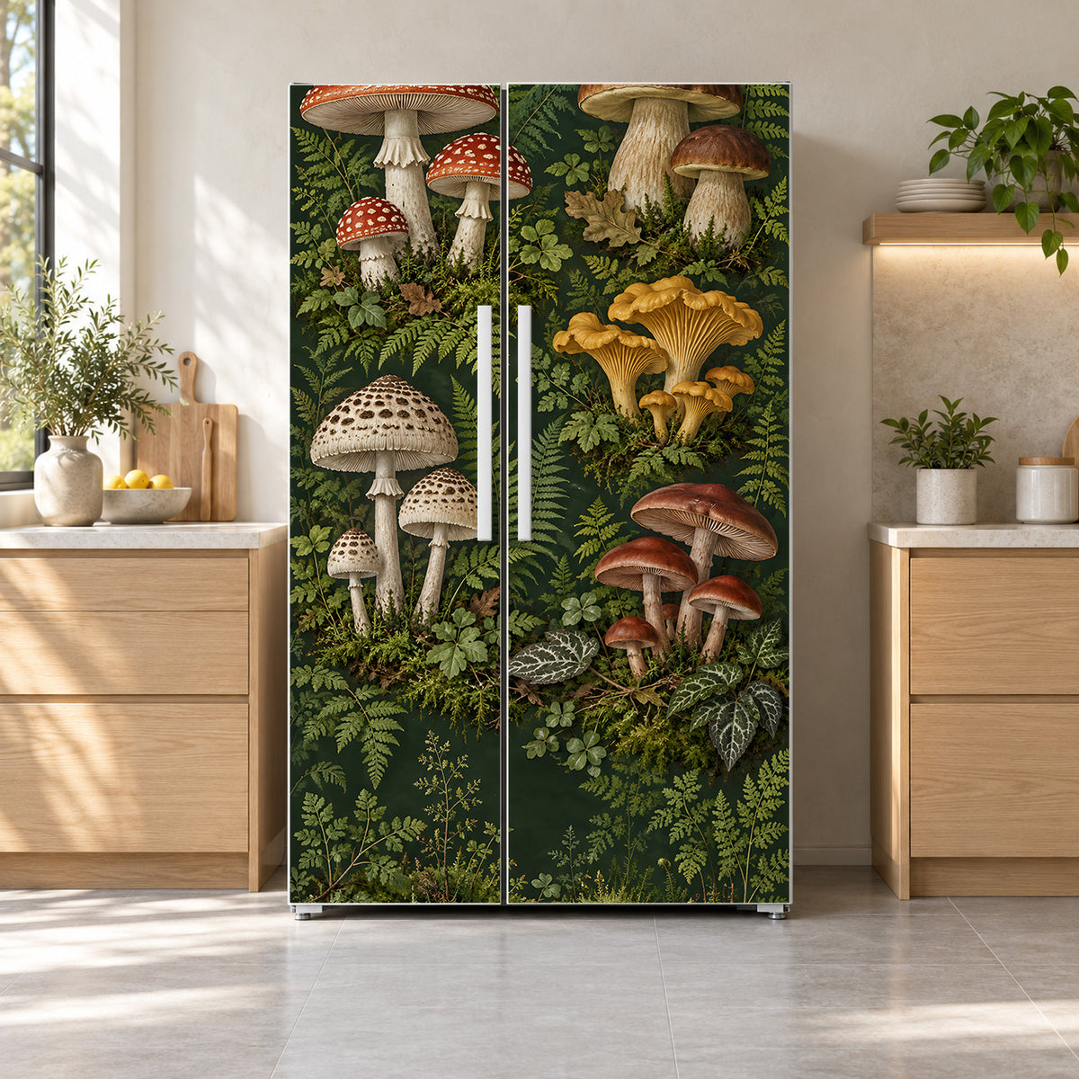 Vintage Mushrooms fridge wrap on a side-by-side refrigerator