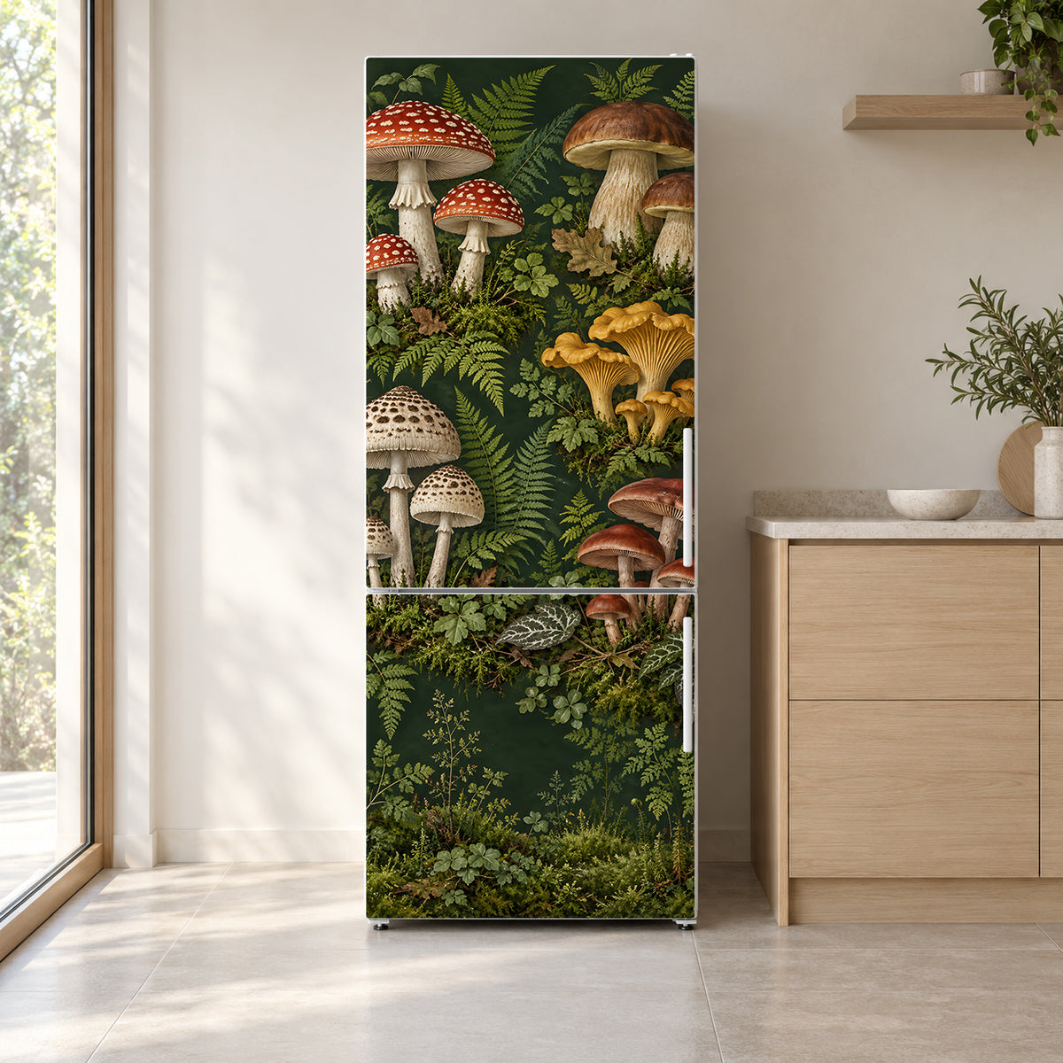 Vintage Mushrooms fridge wrap on a white refrigerator in a bright kitchen