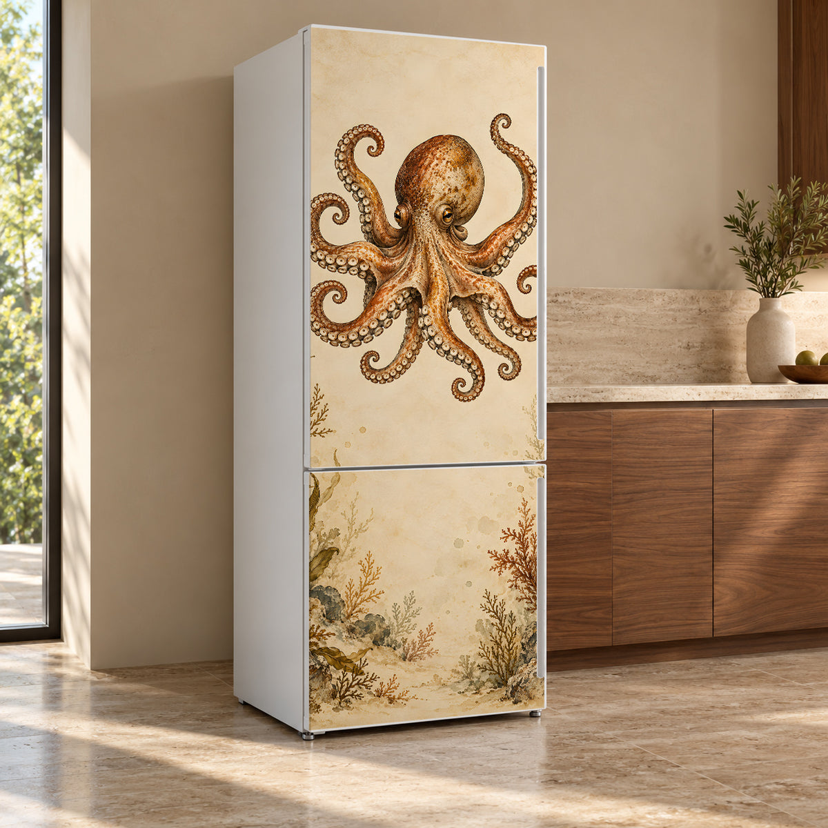 Vintage Octopus Illustration fridge wrap, refrigerator shown at an angle