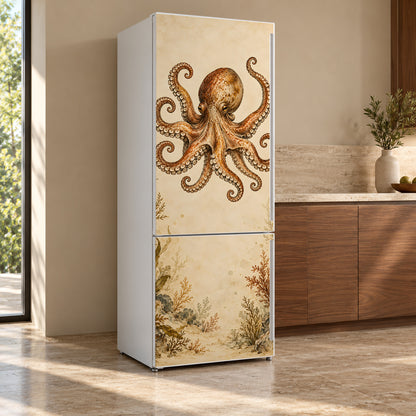 Vintage Octopus Illustration fridge wrap, refrigerator shown at an angle