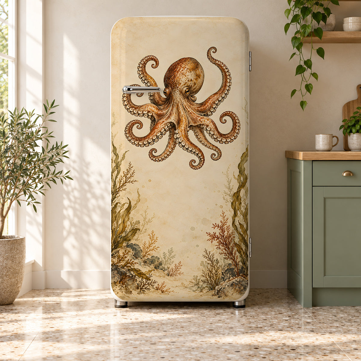 Vintage Octopus Illustration fridge wrap on a retro refrigerator