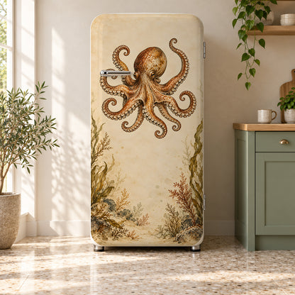 Vintage Octopus Illustration fridge wrap on a retro refrigerator