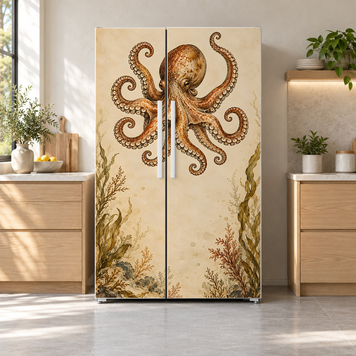 Vintage Octopus Illustration fridge wrap on a side-by-side refrigerator