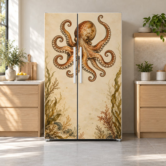 Vintage Octopus Illustration fridge wrap on a side-by-side refrigerator