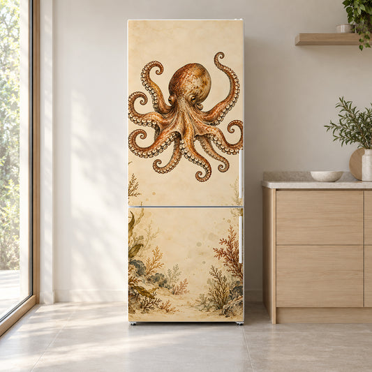 Vintage Octopus Illustration fridge wrap on a white refrigerator in a bright kitchen
