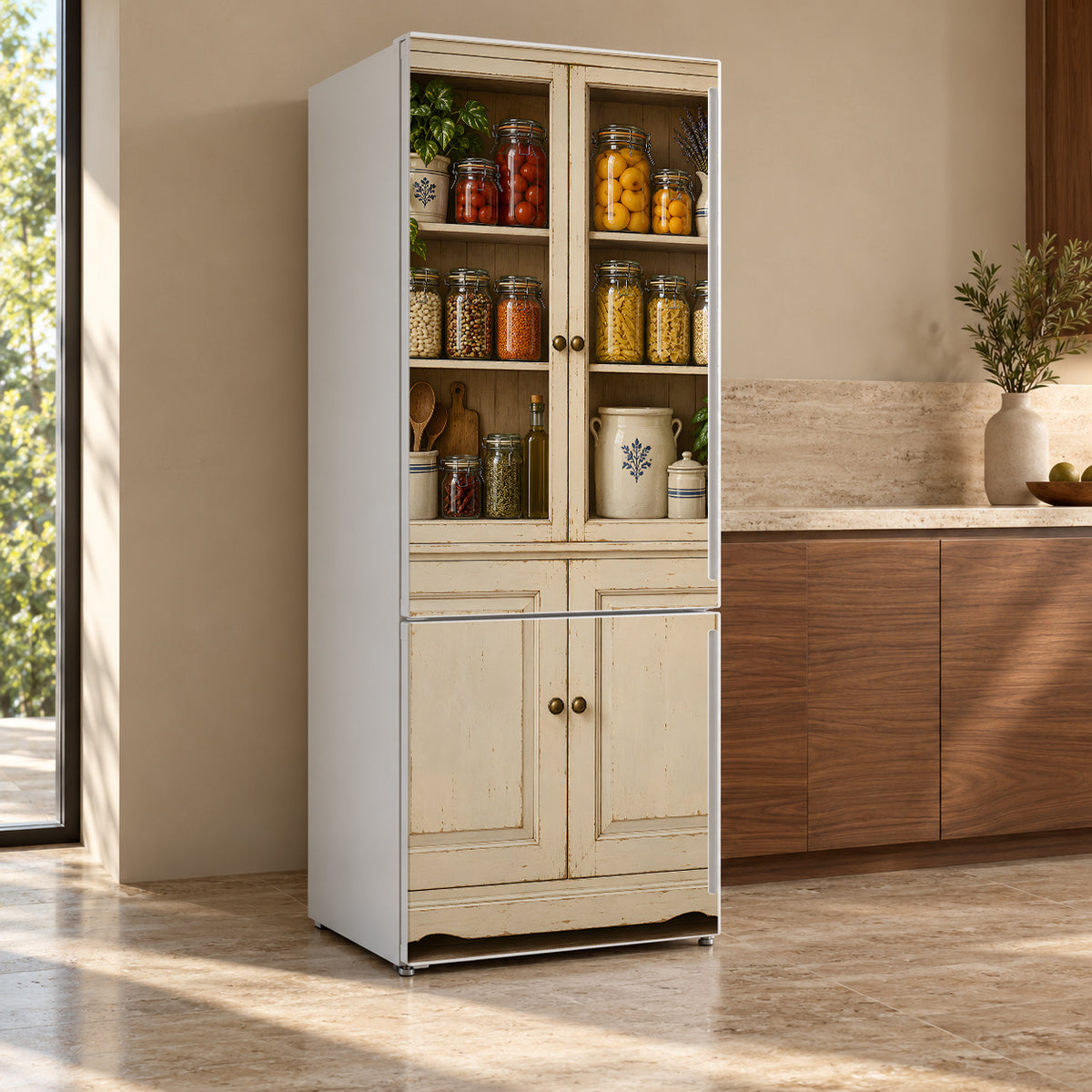 Vintage Pantry fridge wrap, refrigerator shown at an angle
