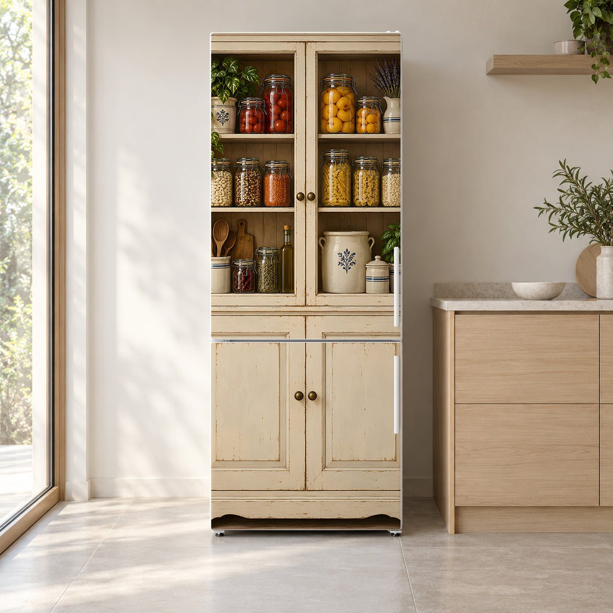 Vintage Pantry fridge wrap on a white refrigerator in a bright kitchen