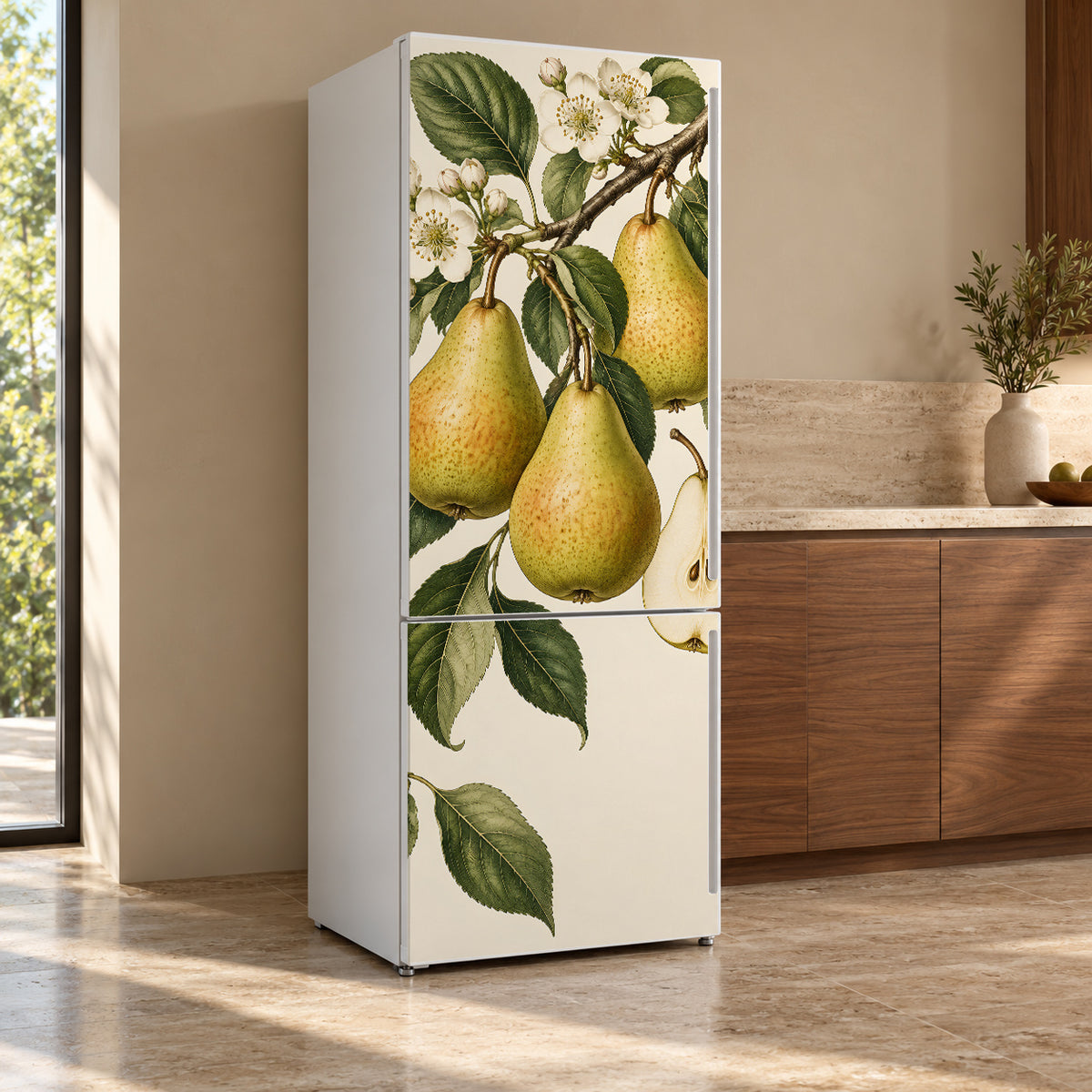 Vintage Pear Botanical fridge wrap, refrigerator shown at an angle
