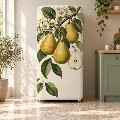Vintage Pear Botanical fridge wrap on a retro refrigerator
