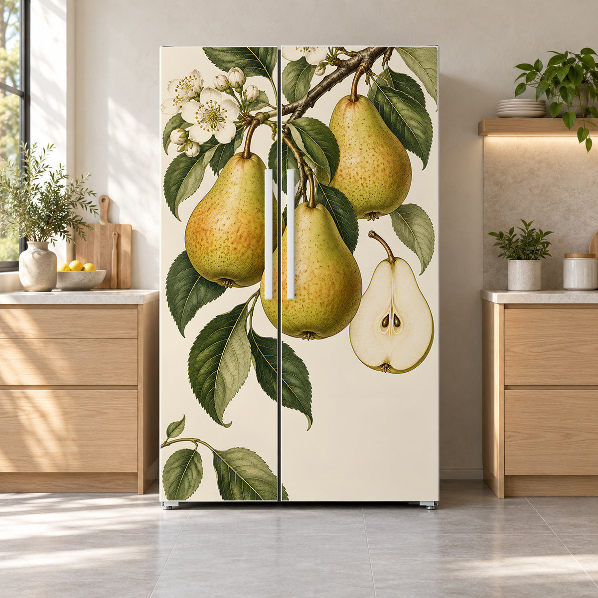 Vintage Pear Botanical fridge wrap on a side-by-side refrigerator