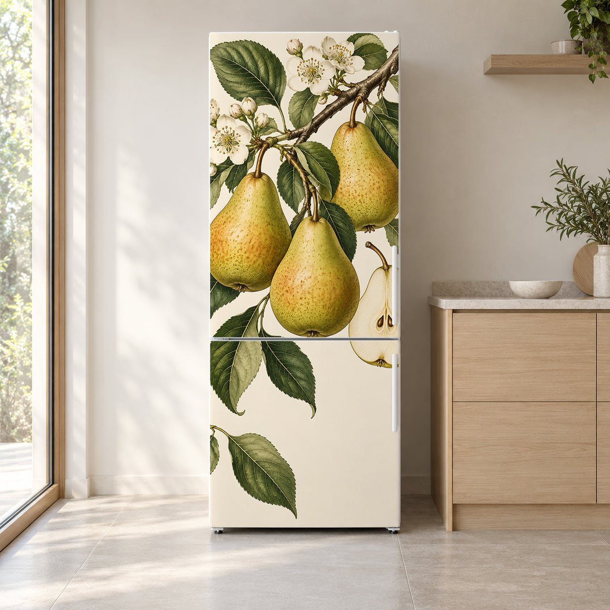 Vintage Pear Botanical fridge wrap on a white refrigerator in a bright kitchen
